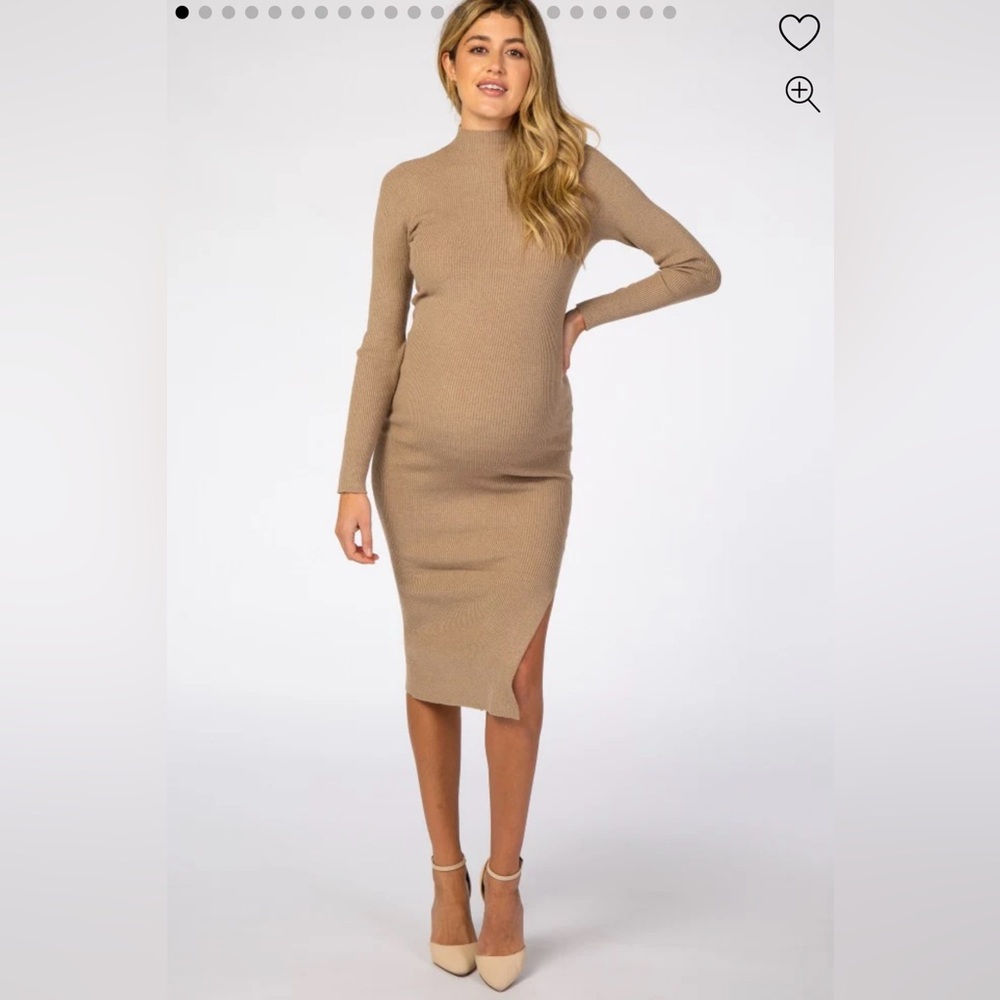 Pinkblush Taupe Ribbed Fitted Mock Neck Long Sleeve Maternity Midi Dress